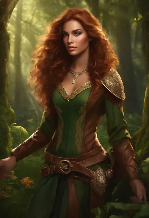 dark skin, detailed beautiful young woman, reddish golden brown hair, long, wavy and messy hair, detaiiled perfect green eyes, delicate symmetric realistic and beautiful face, (magic forest backgroung),  ranger outfit leather armored, fairy, wild flowers b...