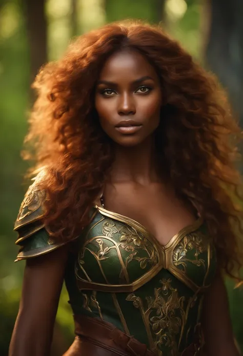 dark skin, detailed beautiful young woman, reddish golden brown hair, long, wavy and messy hair, detaiiled perfect green eyes, delicate symmetric realistic and beautiful face, (magic forest backgroung),  ranger outfit leather armored, fairy, wild flowers b...