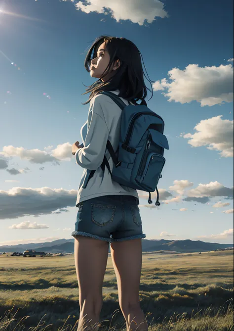 The vast sky, beautiful skyline, large grasslands, extremely tense and dramatic pictures, moving visual effects, the high-hanging Polaris, and colorful natural light. Long-sleeved top, denim shorts, and a girl with a backpack.