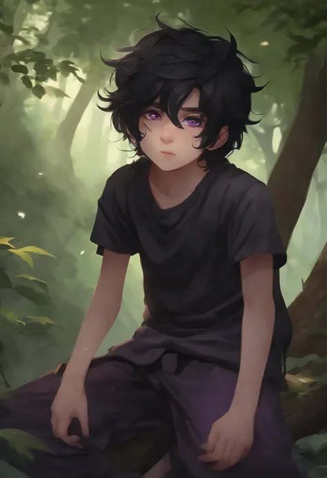 1male , black hair , purple eyes , messy hair , pale skin , black t-shirt with a grey undershirt with slightly longer sleeves , forest background , somber expression , ninja clothing , young boy , child