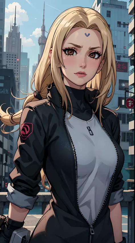 (best quality:1.3), (4k quality), tsunade, ((Detailed face)), (blush), ((blue sky)), (cyberpunk city