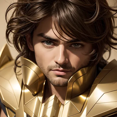 cinemactic, incrivelmente detalhado e ultrarrealista, Sagitarius aiolos de Saint Seiya. Close up. Hes wearing a very realistic golden suit of armor. armadura dourada brilhante. Octane is the perfect tool to capture the softest details of this 16k photograp...