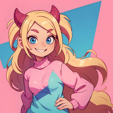 cartoon woman cute twitch emote, long blonde hair, pink highlights, blue eyes, pink oversized sweater over the shoulders, red ho...