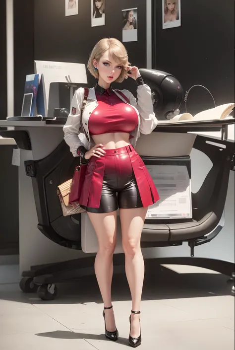 (ultra-detailed) Taylor swift, office, mini shorts, huge boobs, soft lighting, huge lips, sexy legs, very high heel pumps, black pixie cut, ahegao, looking at viewer, portraits, vivid colors,