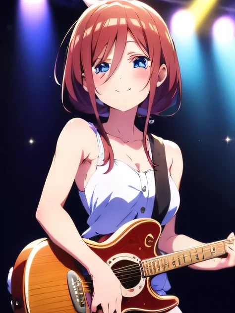 ((masutepiece)), ((Best Quality)), (Ultra-detailed), Anime style, Live performance venue, Cute little girl s, 1girl in, Solo, Playing the guitar 00, Bunny Girl 00, ((Beautiful eyes))0, Smile