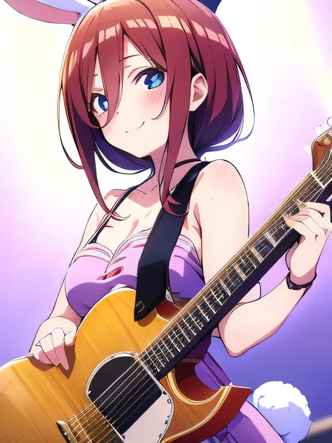 ((masutepiece)), ((Best Quality)), (Ultra-detailed), Anime style, Live performance venue, Cute little girl s, 1girl in, Solo, Playing the guitar 00, Bunny Girl 00, ((Beautiful eyes))0, Smile