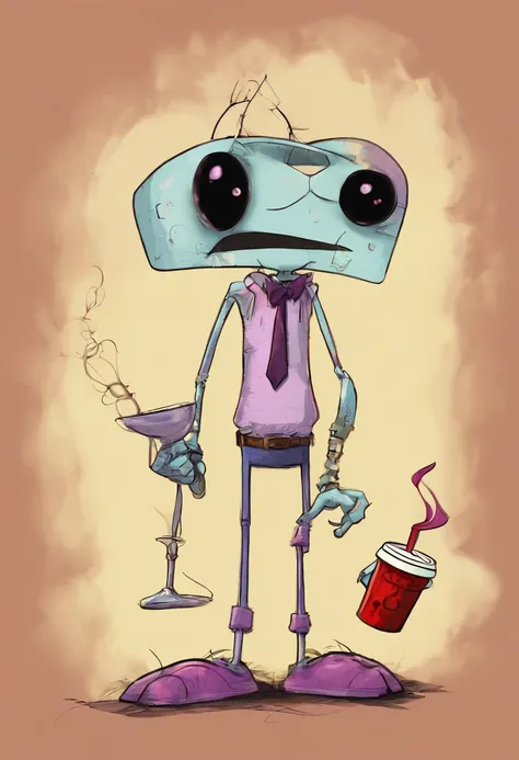 Courage the cowardly dog with long legs, platinum chain on around his neck, holding a doubled cupped Styrofoam cup