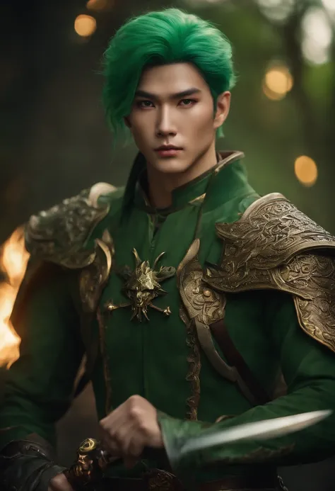 Asian skin, detailed young man, green hair, white eyes, delicate symmetric realistic face, hell background, ranger outfit leather armored, fairy, full body, gold short, masterpiece, absurdres,fine detail, rich colors, dramatic lighting, cinematic lighting,...