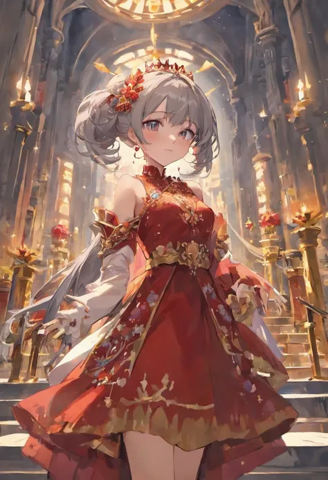 Gray Hair Woman, Gray Eyes, Royalty, Red Dress, Red Jewelry, Red Earrings, Lunar, Nobility, Noblewoman, High Quality, Highly Detailed, Detailed Face, Masterpiece, Castle, Drinking Tea, Garden, Flowers, Lights