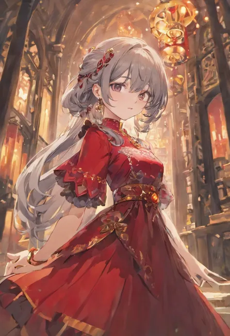 Gray Hair Woman, Gray Eyes, Royalty, Red Dress, Red Jewelry, Red Earrings, Lunar, Nobility, Noblewoman, High Quality, Highly Detailed, Detailed Face, Masterpiece, Castle, Drinking Tea, Garden, Flowers, Lights