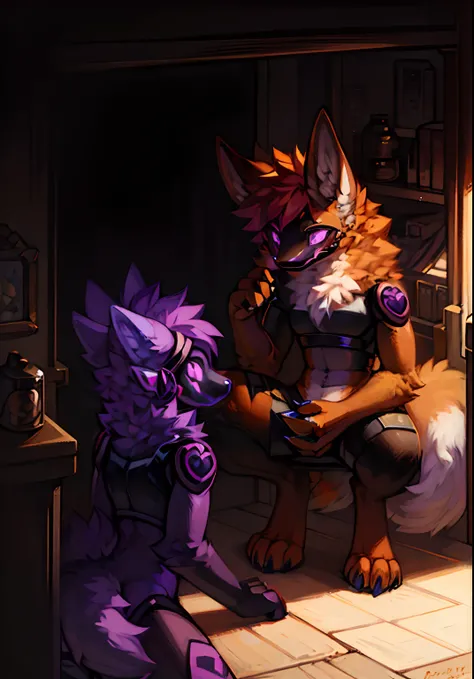 (dark environment:0.8),masterpiece, high quality, absurd res, digital painting (artwork), purple protogen, orange fox, duo, couple