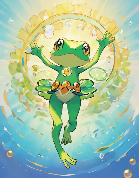 A frog drawn by the Pokémon artist Sower、Floating ring on the torso、Two-legged、The pattern of the floating ring is a world map、Humanoid