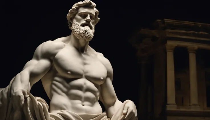 A white marble statue of a muscular, bearded man with a stern look in a darkened square at night, in the style of photographers Annie Leibovitz and Peter Lindbergh.