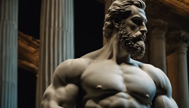 A white marble statue of a muscular, bearded man with a stern look in a darkened square at night, in the style of photographers Annie Leibovitz and Peter Lindbergh.