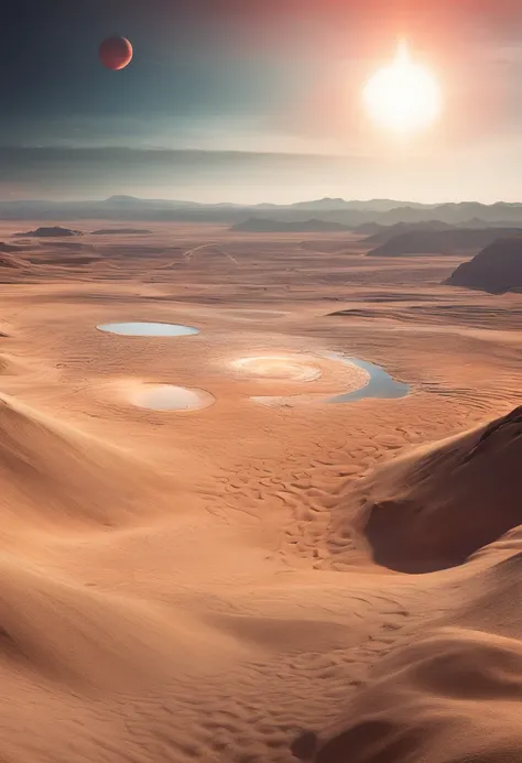 grand natural pool of freshwater connected to tributaries in the middle of the desert, sand dunes, deep, dry, sunny day, clear sky, detailed, realistic, vantage point view

out of frame, gibberish, lowres, duplicate, morbid, maniacal, darkness, creepy, fus...