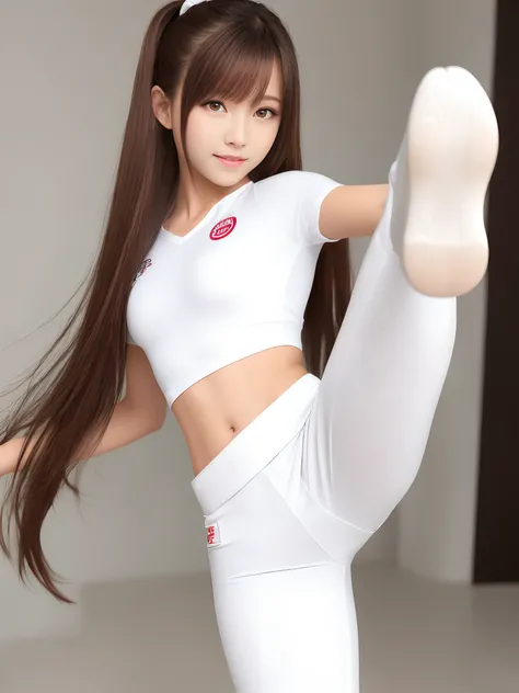 (Photorealsitic)(sixteen years old), Perfectly beautiful woman, (Full body 8K portrait), Large and dynamic hand and foot movements, White Karate Uniform, White karate pants, Large bust,Stand alone, Large and dynamic hand and foot movements, Make a high sid...