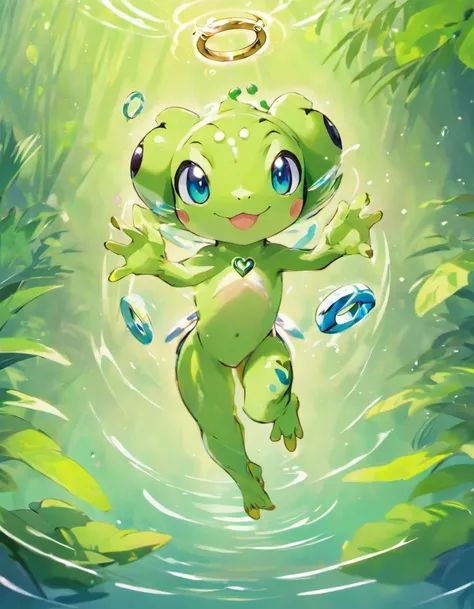 A frog drawn by the Pokémon artist Sower、(Floating ring on the torso:1.5)、Humanoid、Two-legged、Love the natural environment、Eyes are２One