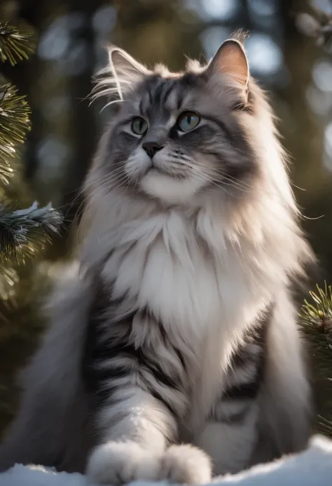 Giant fluffy silver and black Siberian Cat, snow and pine trees background, soft lighting, RAW photo, masterpiece, 8k wallpaper