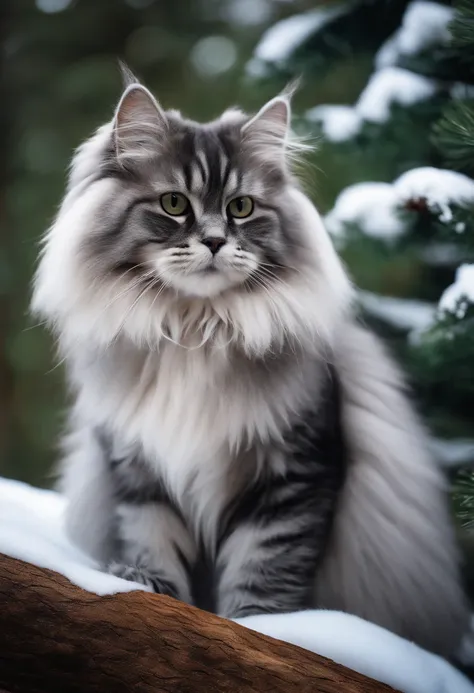 Giant fluffy silver and black Siberian Cat, snow and pine trees background, soft lighting, RAW photo, masterpiece, 8k wallpaper