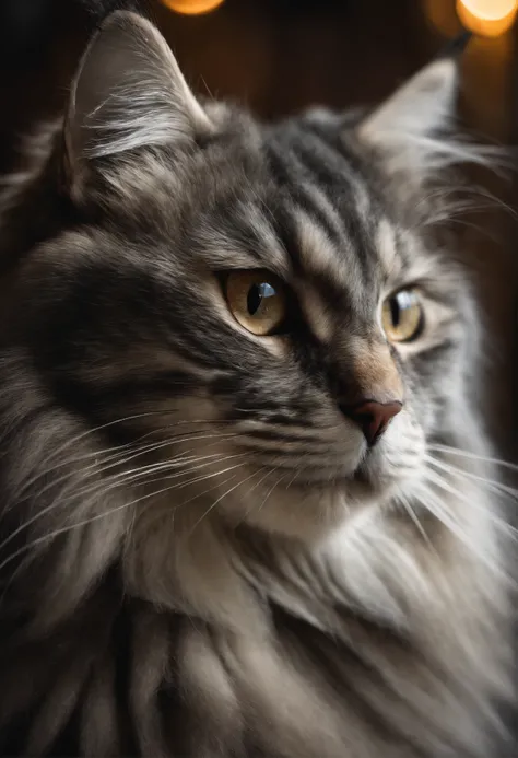 Giant fluffy silver and black Siberian Cat, snow and pine trees background, soft lighting, RAW photo, masterpiece, 8k wallpaper