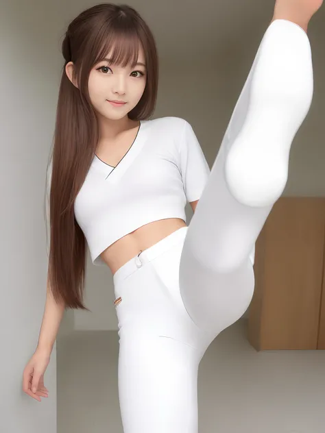 (Photorealsitic)(sixteen years old), Perfectly beautiful woman, (Full body 8K portrait), Large and dynamic hand and foot movements, White Karate Uniform, White karate pants, Large bust,Stand alone, Large and dynamic hand and foot movements, Make a high sid...