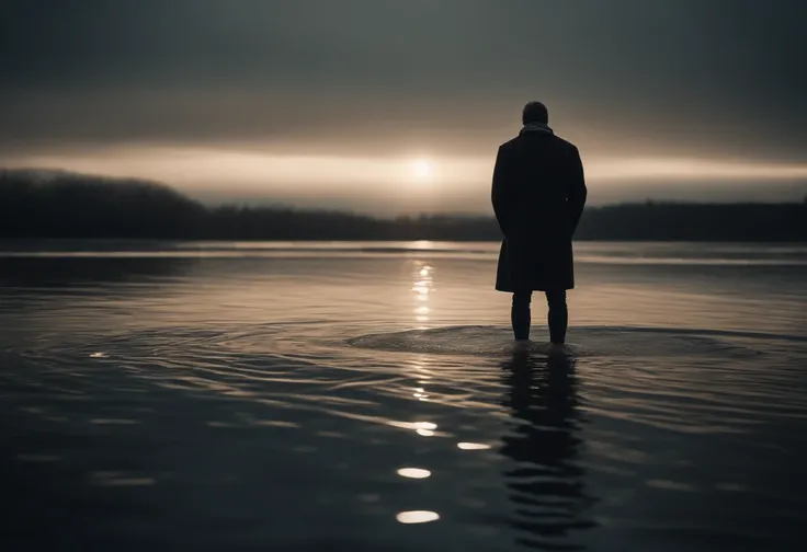 1 spotlight on the centre, 1 figure standing in knee high water, complete darkness all around