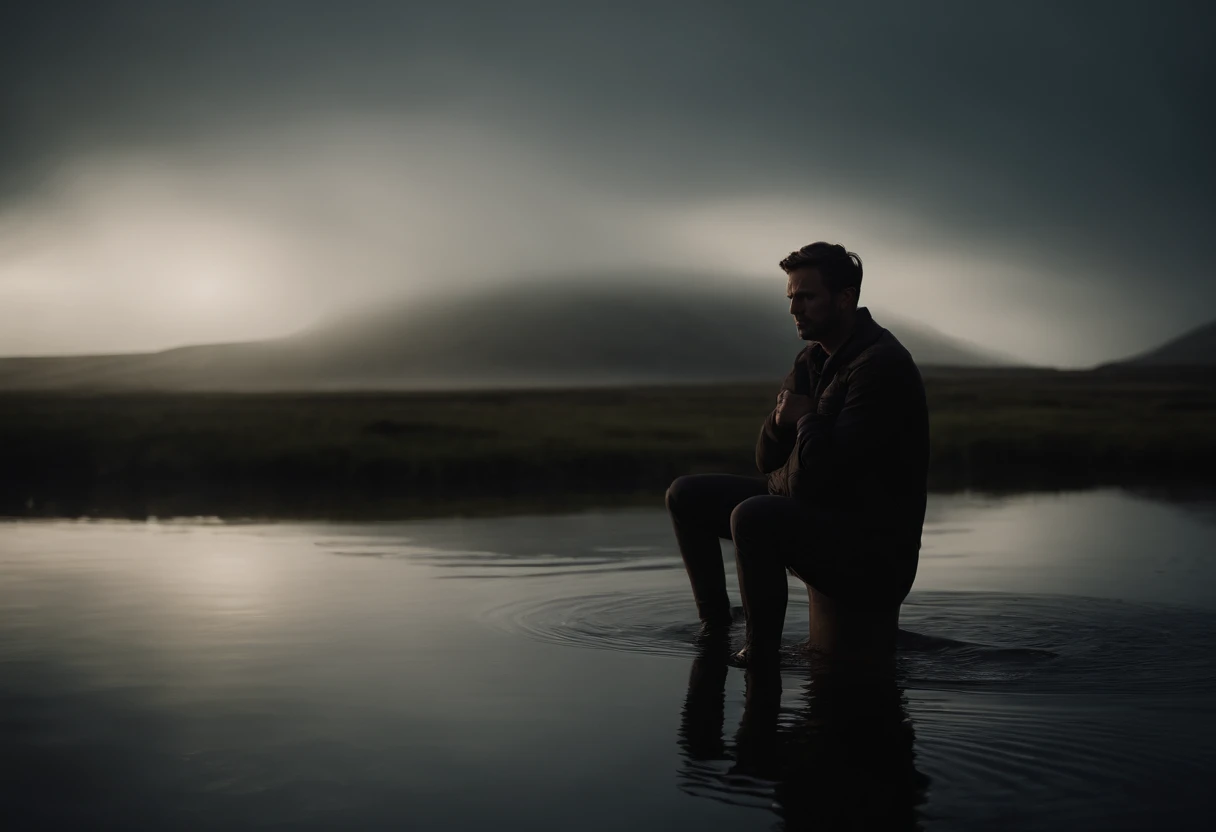 1 spotlight on the centre, 1 figure standing in knee high water, complete darkness all around