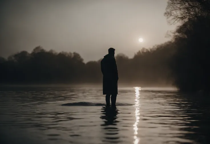 1 spotlight on the centre, 1 figure standing in knee high water, complete darkness all around