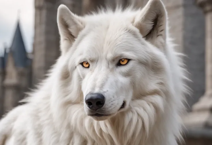 white dire wolf with long fur and yellow eyes, placed in a dream-like castle lobby, fierce wolf