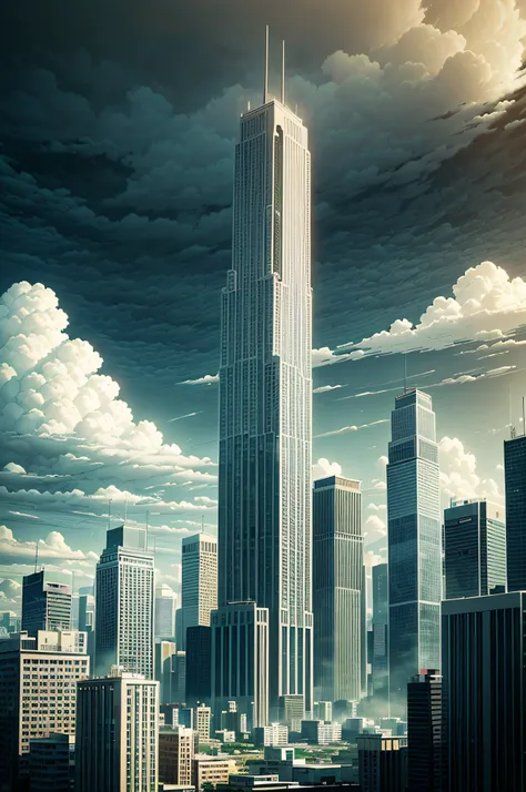 Uma imagem da cidade cinzenta, With tall buildings and dark clouds in the sky