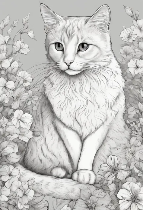 um desenho de um filhote de gato deitado em um campo de flores, Desenho de Desenho para colorir, Highly detailed illustration, Linework altamente detalhado, trabalho de linha extremamente detalhado, retrato altamente detalhado, trabalho de linha insanament...