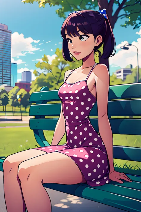 1girl, madure woman, thick thighs, small breast,(polka dot sundress), sitting at bench in a park