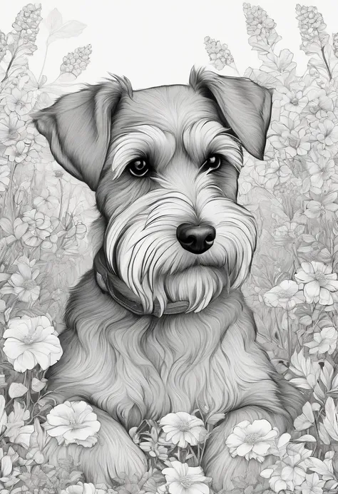 A drawing of a schnauzer dog lying in a field of flowers, Desenho de Desenho para colorir, Highly detailed illustration, Linework altamente detalhado, trabalho de linha extremamente detalhado, retrato altamente detalhado, trabalho de linha insanamente deta...