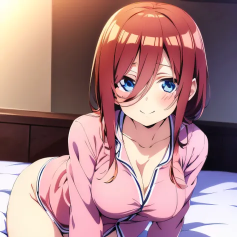 ((masutepiece)), ((Best Quality)), (Ultra-detailed), Anime style, on the bed, Cute little girl s, 1girl in, Solo, Pajamas 00, ((Beautiful eyes)), large full breasts, Smile