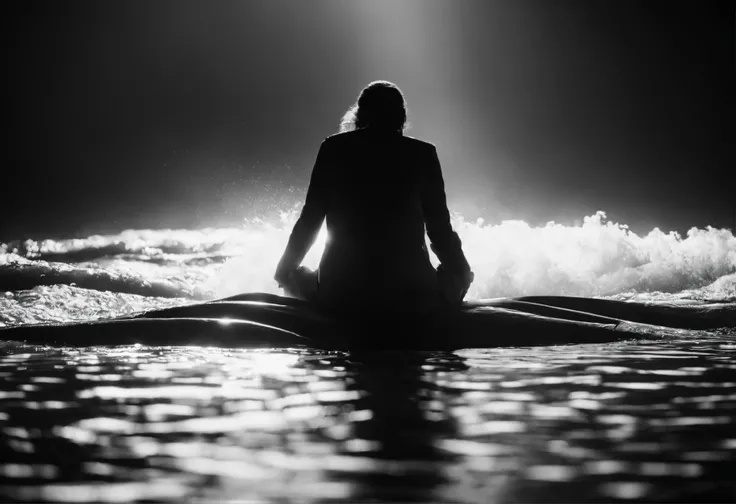 White spotlight on the centre, knee high water, darkness all around, black and white