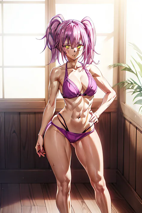 1 girl from an anime with purple hair, in the bedroom, 1girl, alone, ((sadistic)), yellow eyes, purpose, pink hair, Looking at me, ((Tensure)), ((last)), wearing a short bikini , right side ponytail, (((toned legs))), thick muscular thighs, slim waist, mus...