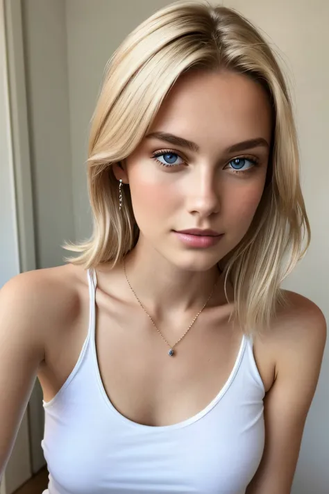 1fille dans, 19 ans, seulement, assise, cheveux longs, Colossal, Regarder le spectateur, cheveux blonds, bare shoulders, yeux bruns, bijoux, corps entier, un collier, off shoulders, Chandails, Realstic, Un sexy