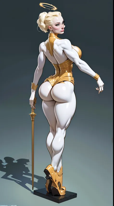 masterpiece, full body,1girl, colored skin, (white skin:1.4), ((bald head)),walking Away, large breasts, (large ass:2.0), intricate gold jewelry, (pasties:1.5), gold armlet, detailed background, cyberpunk bar, whitefire lights, dystopian future, ((shiny sk...