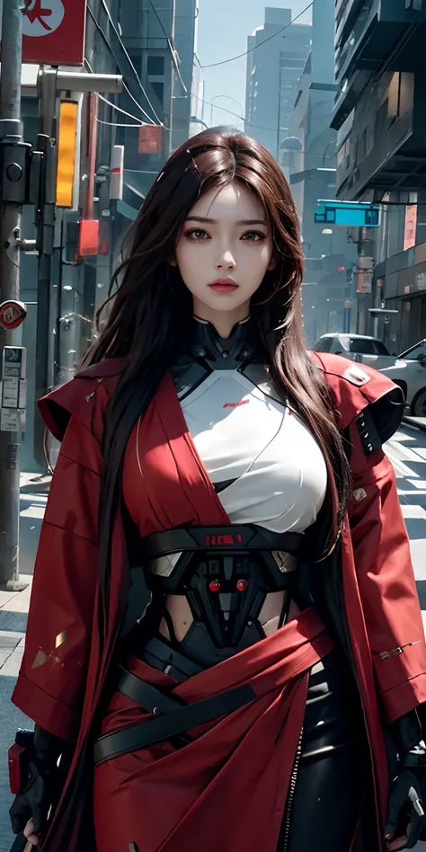 photorealistic, high resolution, soft light,1women, solo, hips up, (detailed face), red long hair, cybersamurai, cyborg, cyberpunk,  cyber armor, holding weapon,glowing,on the street , kimono , sniper looking at the target, gun