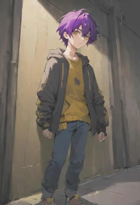 tall teenage boy with purple hair, yellow eyes, wearing a grey cardigan and jeans, posing against a wall, casual