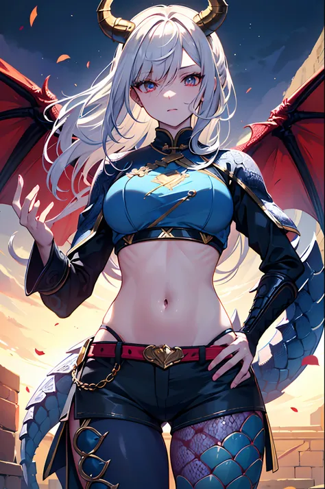 4K, high resolution, Best quality, Masterpiece, perfect colors, perfectly shaded, Perfect lighting, anthro, majestic dragon, scutes，Bicolor scales，Silvery hair，A blue scaly body, red color eyes, Perfect female body, Perfect female figure, Wear womens crop ...