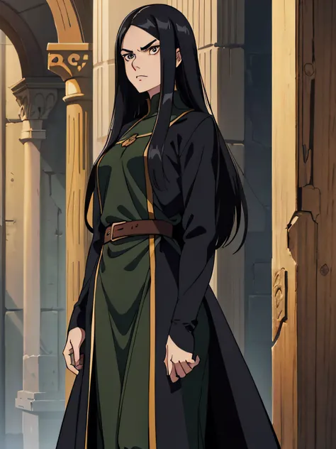 adult woman, middle part very long black hair, hair flowing, silky, floor lenght, tall, thick eyebrows, long oval face, serious look, dark brown eyes, pale, eyebags, detailed face, mage, dark green clothes,  tunic, flat chest, standing, in a dungeon, detai...