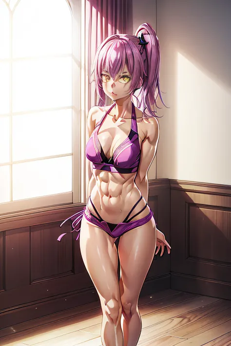 1 girl from an anime with purple hair, in the bedroom, 1girl, alone, ((sadistic)), yellow eyes, purpose, pink hair, Looking at me, ((Tensure)), ((last)), wearing a short bikini , right side ponytail, (((toned legs))), thick muscular thighs, slim waist, mus...