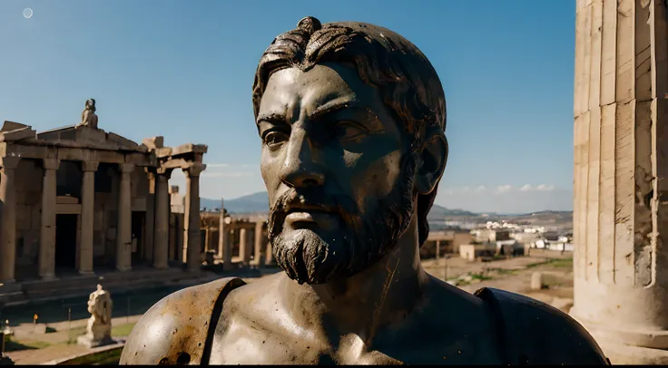 Ancient Stoic Statue With Very Angry Expression, tem barba, muitos detalhes em ambos os olhos, Outside, fundo atenas grego, open sky, com rosto extremamente detalhado full body view, Colors with low saturation with dark tone, Filmado em Sony A7S III com So...