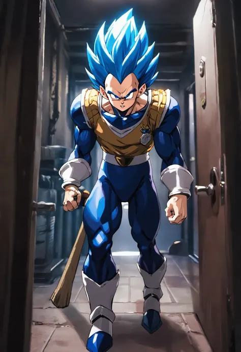 ((masterpiece)), High Quality, Vegeta, Wearing Saiyan armor, Blue armor, Standing at the doorway, doorbell cam scene, looking at camera, Holding a baseball bat, late night, eerie scene, Dark vibe, Perfect detail