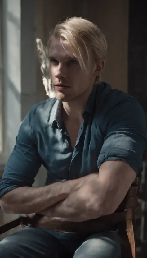 blonde hair blue eyed man tied to a chair after being kidnapped, 8k, ultra detailed, high res, cinematic, cinematic scene from film, suspence, thriller, violence