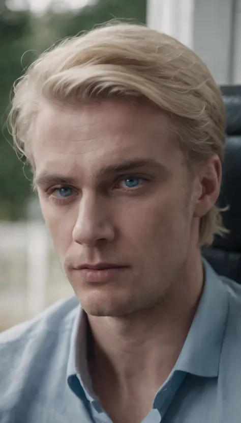 blonde hair blue eyed man tied to a chair after being kidnapped, 8k, ultra detailed, high res, cinematic, cinematic scene from film, suspence, thriller, violence