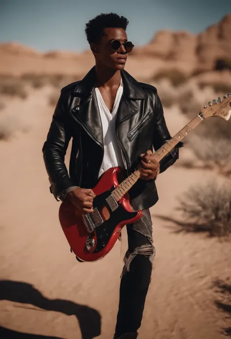 Still American SHOT of a young African-American mestizo mixed-race with round red sunglasses wears a shirtless leather jacket where his abs are seen with a Fender Stratocaster guitar in a desert walking with a red scarf with white dots looking at a letter