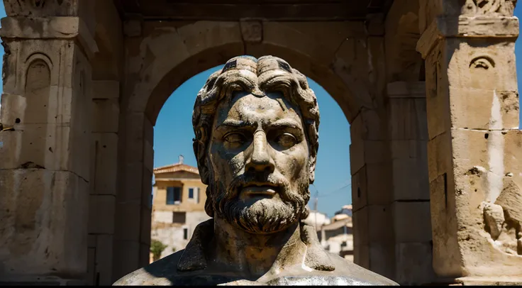 Ancient Stoic Statue With Very Angry Expression, tem barba, muitos detalhes em ambos os olhos, Outside, fundo atenas grego, open sky, com rosto extremamente detalhado full body view, Colors with low saturation with dark tone, Filmado em Sony A7S III com So...