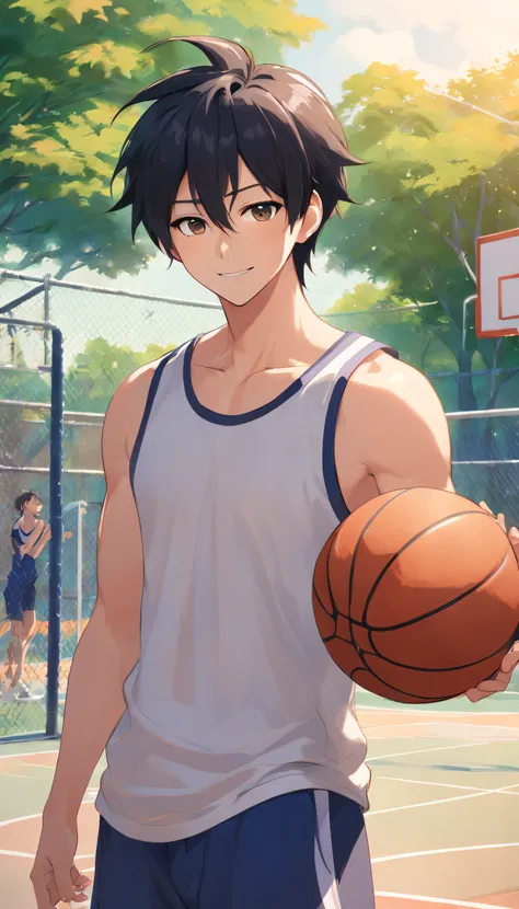 Handsome man, American, white skin, black spiky hair, smiling, holding a basketball on his chest, physical education student, outdoor basketball playground, no shirt, basketball pants, abs, sexy belly hair, perfectly body proportionate, thin lips, exquisit...